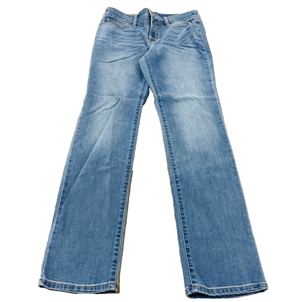 St Johns Bay Womens Straight Leg Jeans Med Wash Blue Stretch Denim Size 8 Long